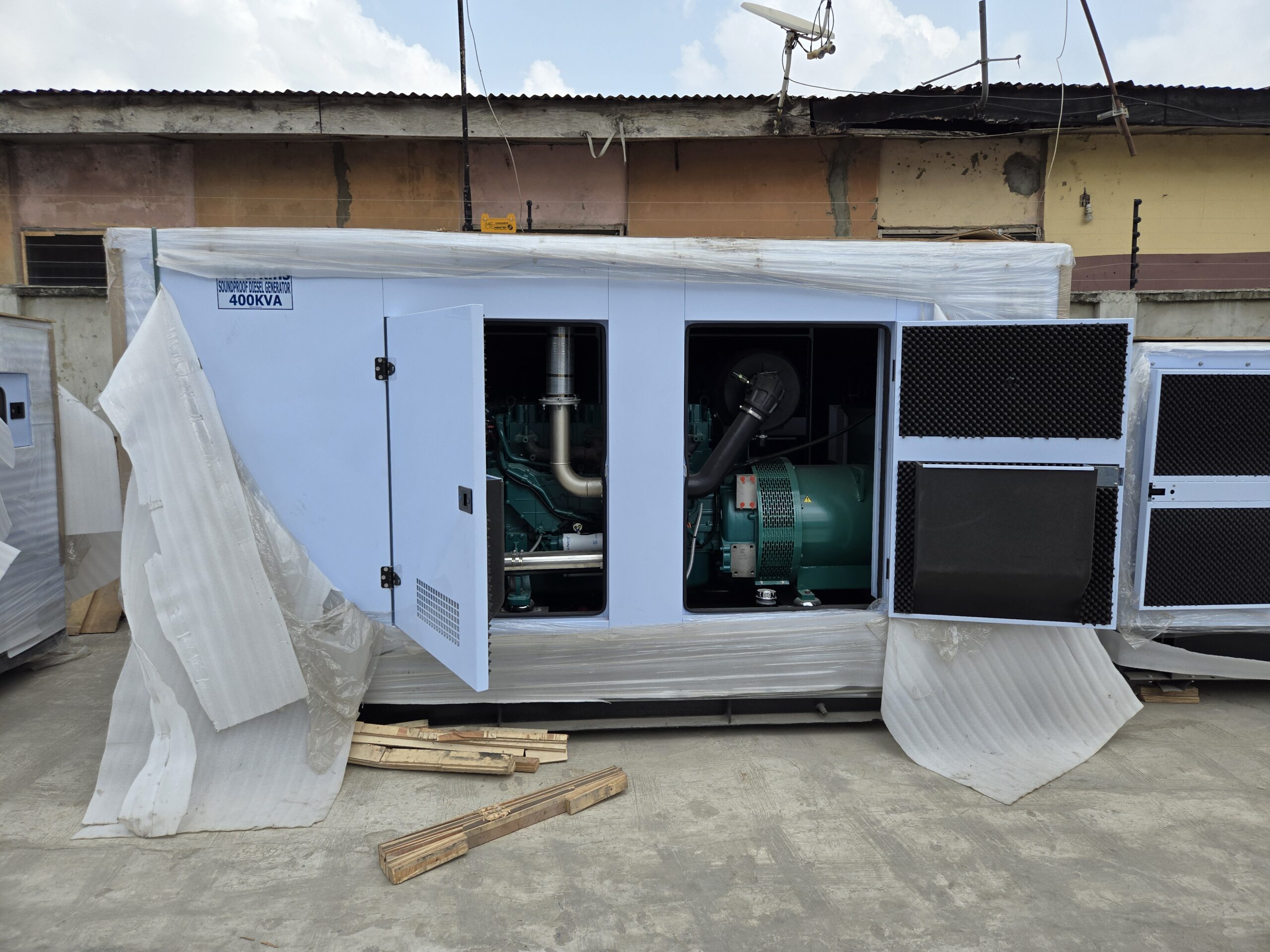 Sound-attenuated Perkins 400kVA generator for data center and commercial use in Nigeria