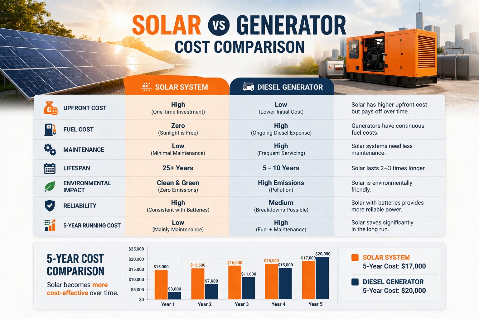 Solar vs generator cost chart Nigeria 2026 - 10 year total cost comparison